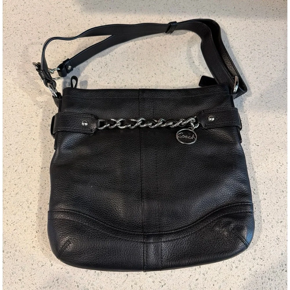 Coach Black Pebbled Leather Duffle Bag Chain Shoulder Crossbody Purse F19722